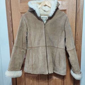 New York Classics Suede Hooded Coat Fur Lined Winter Womens Large